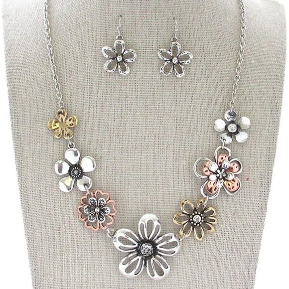 Vintage Style Metal Multi Flower Link Necklace and Earrings Set for Women - Picture 1 of 1